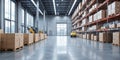 Smart logistics hub with automated sorting machines, clean concrete floors, energy-efficient LED lighting, and a focus on reducing Royalty Free Stock Photo