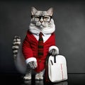 Smart-looking nerd cat wearing glasses and red men`s Christmas sweater poses against a gray background Royalty Free Stock Photo