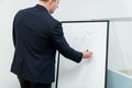 Smart male leader drawing increasing graph at business meeting room. Ornamented. Royalty Free Stock Photo