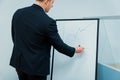 Smart male leader drawing increasing graph at business meeting room. Ornamented. Royalty Free Stock Photo