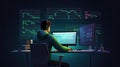 a smart male IT programmer deeply engrossed in software development, working on a desktop computer, writing code, and