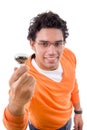 Smart man with glasses holding light bulb with an idea Royalty Free Stock Photo