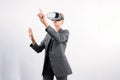 Smart manager touching and managing system while using VR glasses. Contraption. Royalty Free Stock Photo