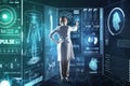 Smart medical worker using futuristic technologies while working at her research