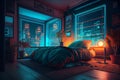 Smart modern bedroom interior with led tv and neon lights glowing ambient in the evening window city view Royalty Free Stock Photo