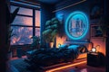 Smart modern bedroom interior with led tv and neon lights glowing ambient in the evening window city view Royalty Free Stock Photo