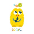 Smart monster thinks. Development of logic, attention and memory of children. Funny bright character in a hand-drawn cartoon Royalty Free Stock Photo