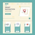 Smart navigation flat landing page website template. Robot vacuum, online shopping, music streaming. Web banner with