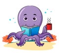 The smart octopus is reading the book and enjoy the coffee