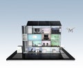 Smart office building on tablet PC. The smart office's energy support by solar panel, storage to battery system.