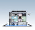 Smart office building on tablet PC. The smart office's energy support by solar panel, storage to battery system.