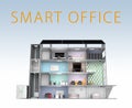 Smart office concept. Energy support by solar panel, storage to battery system. With text