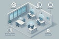 Smart office room with automatic lighting, IoT sensors, control panel, and occupancy-based lighting zones visualized in 3D Royalty Free Stock Photo