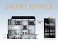 Smart office and smartphone isolated on blue background. The smart offices energy support by solar panel, storage to battery sys