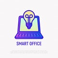 Smart office thin line icon: opened laptop with bulb. Modern vector illustration Royalty Free Stock Photo