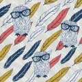 Smart owl seamless background with colorful feathers. Royalty Free Stock Photo