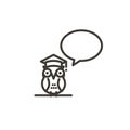 Smart owl with a student academic cap and a speech bubble vector icon. Thin line illustration of a school student owl