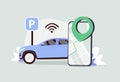 Smart parking management system abstract concept vector illustration set. Parking entry station, bay indicator is on
