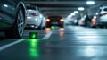 Smart parking system showing available parking space with green light in underground garage Royalty Free Stock Photo