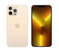 Smart phone Apple iPhone 13 Pro, in front and back sides, and in official golden color, on white background. Realistic vector