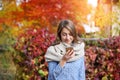 Smart phone Autumn woman writting sms on mobile phone in fall. Autumn girl having smartphone conversation in sun flare Royalty Free Stock Photo