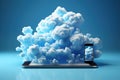Smart phone on blue base. Clouds floating from the screen. Cloud networking concept