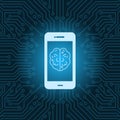 Smart Phone With Brain Image Icon Over Blue Circuit Motherboard Background Royalty Free Stock Photo