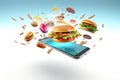 Smart phone and burgers, slices of pizza and other food ingredients from fast food flying from the screen.