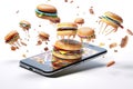 Smart phone and burgers, slices of pizza and other food ingredients from fast food flying from the screen
