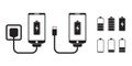 Smart phone charge with battery indicator level, vector icons
