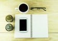 Smart phone, coffee,glasses and book blank with cactus Royalty Free Stock Photo