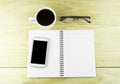 Smart phone, coffee,glasses and book blank on wood table background. Royalty Free Stock Photo