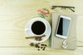 Smart phone, coffee,glasses and note book on wood table background. Royalty Free Stock Photo