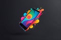 Smart phone with colorful splashes on black background