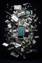 Smart phone disassembled into parts and flying in the air chaotically parts in space isolated on black background.