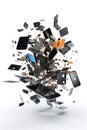 Smart phone disassembled into parts and flying in the air chaotically parts in space isolated on blue background.