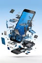 Smart phone disassembled into parts and flying in the air chaotically parts in space isolated on blue background.