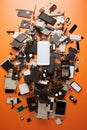 Smart phone disassembled into parts and flying in the air chaotically parts in space isolated on orange background.