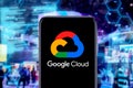 Smart phone with the Google Cloud logo is a Google web platform. Royalty Free Stock Photo