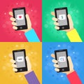 Smart phone in hand with message (love, money, hello!, envelope) vector illustrations set. Royalty Free Stock Photo