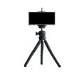 Smart Phone isolated on tripod in white background. blank black screen. copyspace Royalty Free Stock Photo