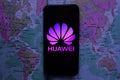 Smart phone with the logo of Huawei and 5G. The 5g are new communication technologies that Huawei