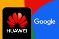 Smart phone with the logo of HUAWEI AND GOOGLE