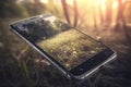 Smart phone lost in natural setting. Generative AI