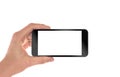 Smart phone in man hand. Horizontal position. Isolated screen for mockup Royalty Free Stock Photo