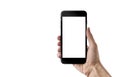 Smart phone in man hand. Isolated white screen for mockup. White background Royalty Free Stock Photo