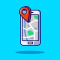 Smart phone maps screen with location icon icon flat cartoon style illustration for web, landing page, banner, flier, sticker, ads