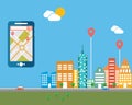 Smart-phone with mobile navigation. Flat design modern vector illustration icons set of urban landscape and city life