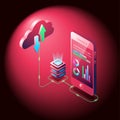 Isometric Cloud technology on Smartphone with red background