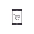 Smart Phone online shopping icon with shopping cart on display, ecommerce concept. Vector isolated symbol Royalty Free Stock Photo